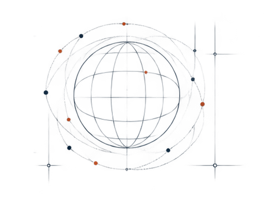 Blueprint globe with orbital paths and data nodes