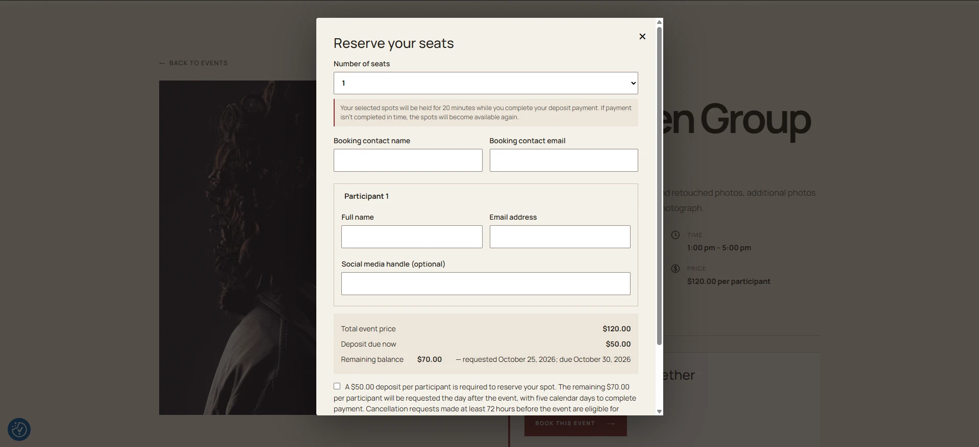 James L Photography custom booking and checkout interface