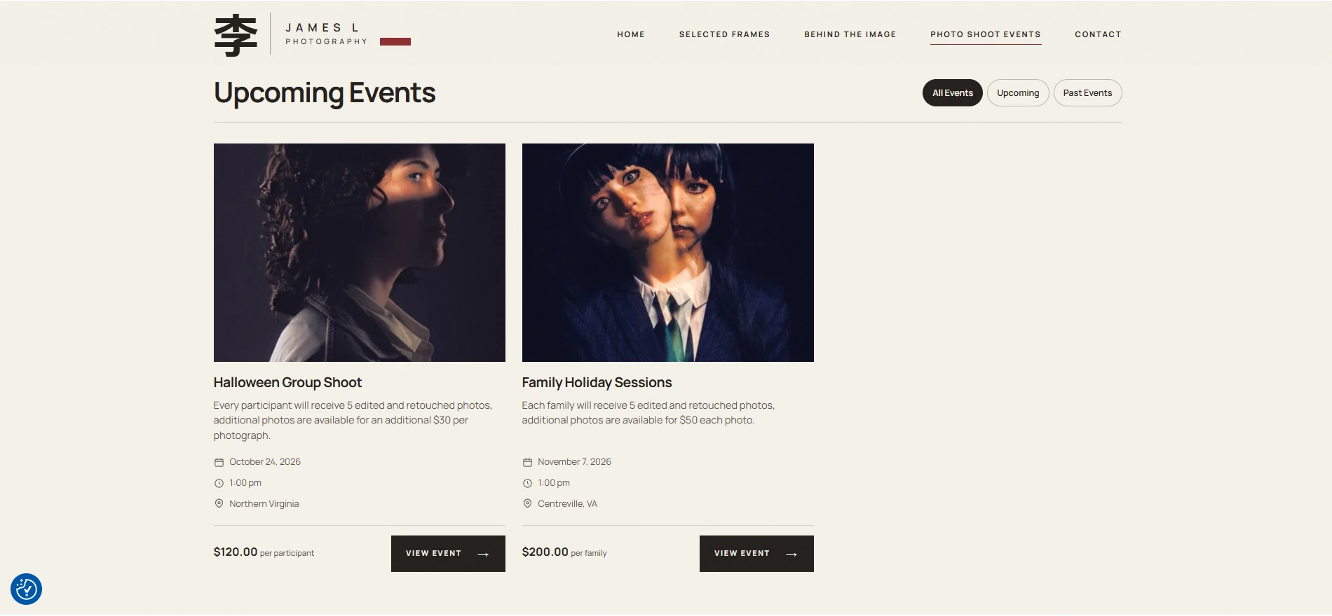 James L Photography events listing page