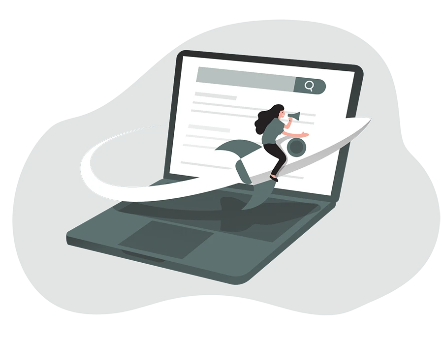 Technical illustration of a website connected to business tools and digital systems